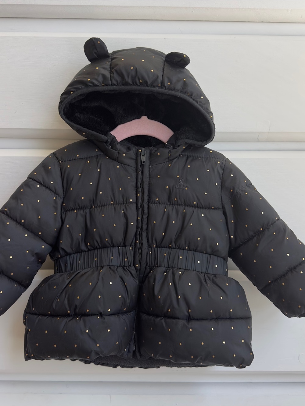 Baby Gap Metallic Gold Dot Bear Hood Puffer Jacket Black 12-18M